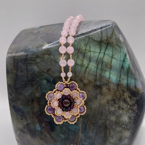 Gemstone beaded flower mandala, Rose quartz, amethyst and garnet 