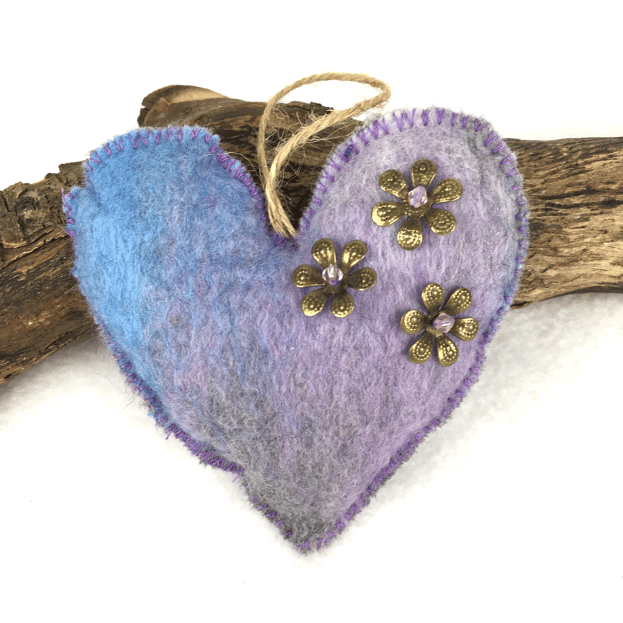 Hanging, padded felt heart in lilac, blue and grey merino wool