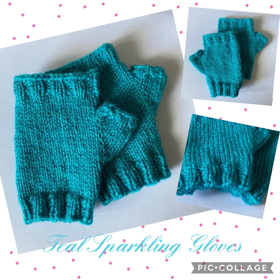 Fingerless Mittens Gloves in Teal Sparkles