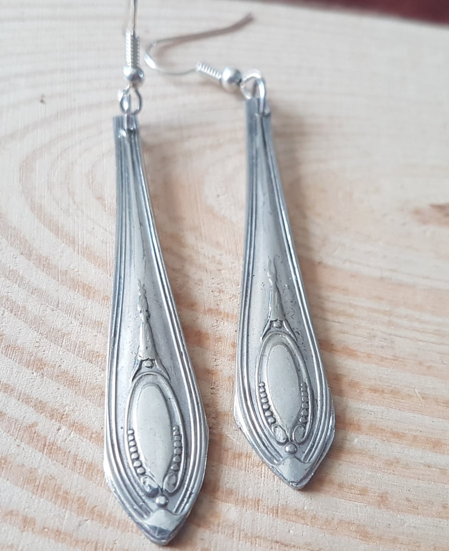 Upcycled Silver Plated Oval Sugar Tong Handle Drop Earrings SPE111627