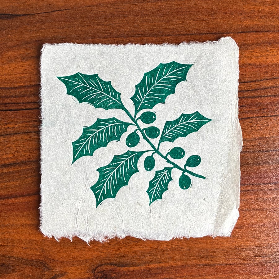 PERFECTLY IMPERFECT Green Holly Branch Original Lino Print
