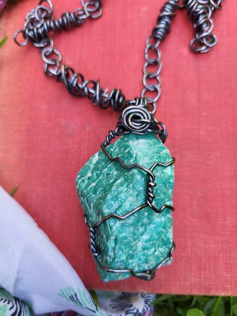 Amazonite necklace, crystal pendant, wire wrapp... - Folksy