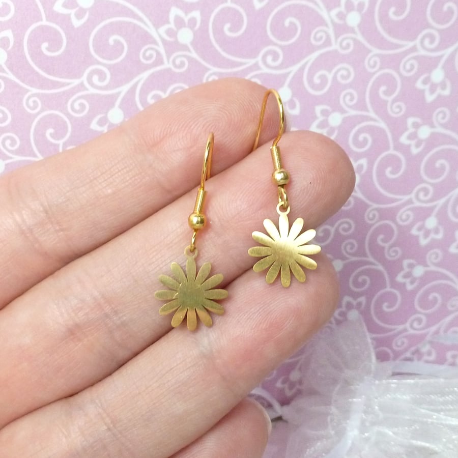 Tiny gold-plated daisy dangle earrings, dainty gold flower earrings for women