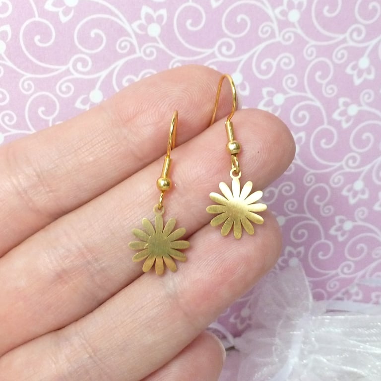 Tiny gold-plated daisy dangle earrings, dainty gold flower earrings for women