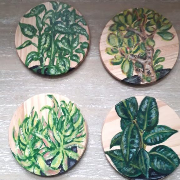"My House Plants" handpainted wooden coasters, set of 4 with holder