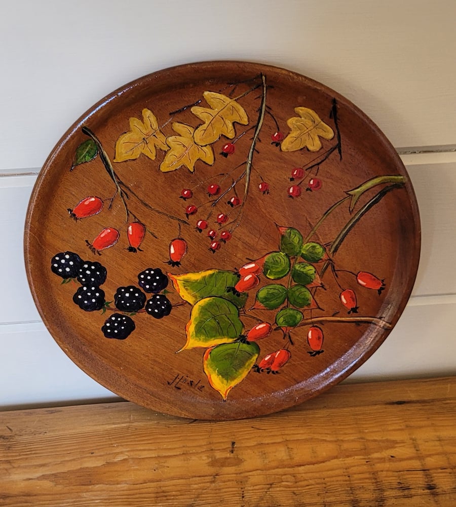 Wooden Display Plate Depicting Nature In Autumn