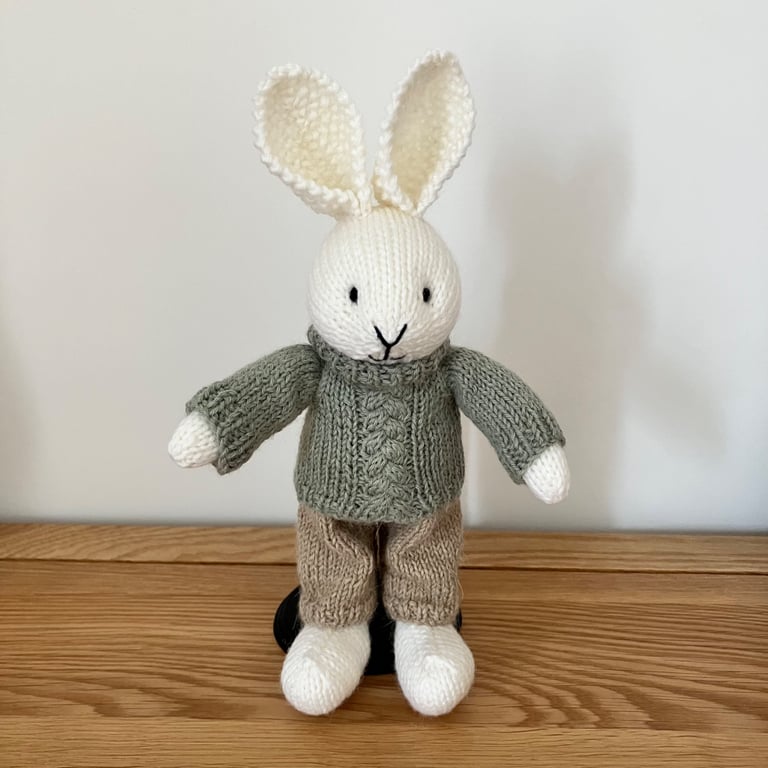Hand Knitted Rabbit in Green Cable Jumper