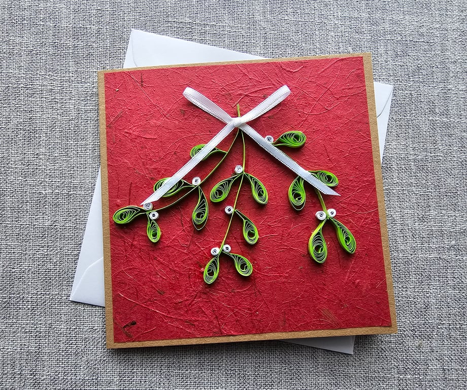 Handmade Quilled Mistletoe Square Card Size 5" x 5"
