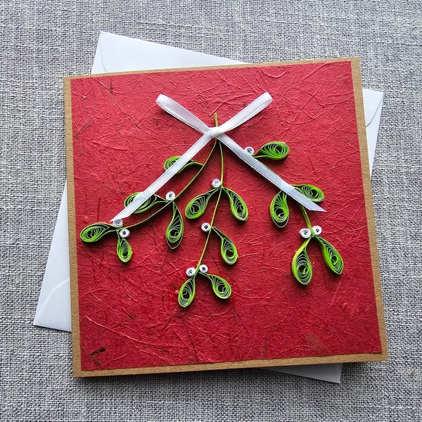 Handmade Quilled Mistletoe Square Card Size 5" x 5"