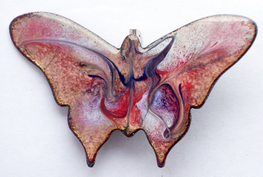 brooch - butterfly scrolled white and blue on red over clear enamel
