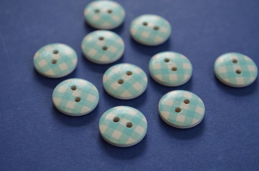 15mm Wooden Check Buttons Aqua Blue White 10pk Checked Plaid Gingham (SCK1)