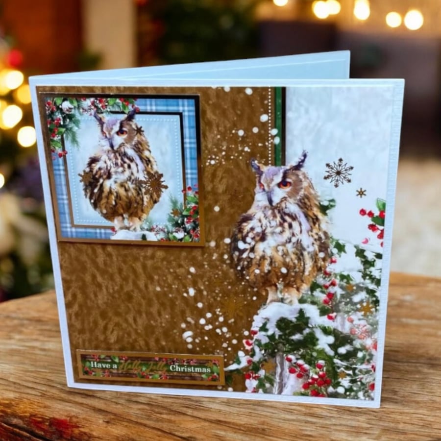 Handmade Snowy Winter Owl Christmas Card – "Have a Holly Jolly Christmas"