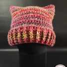 Chunky Cat Ear Hat. Wool Blend. Red Pink Mixed Striped Crochet Ear Hat. 