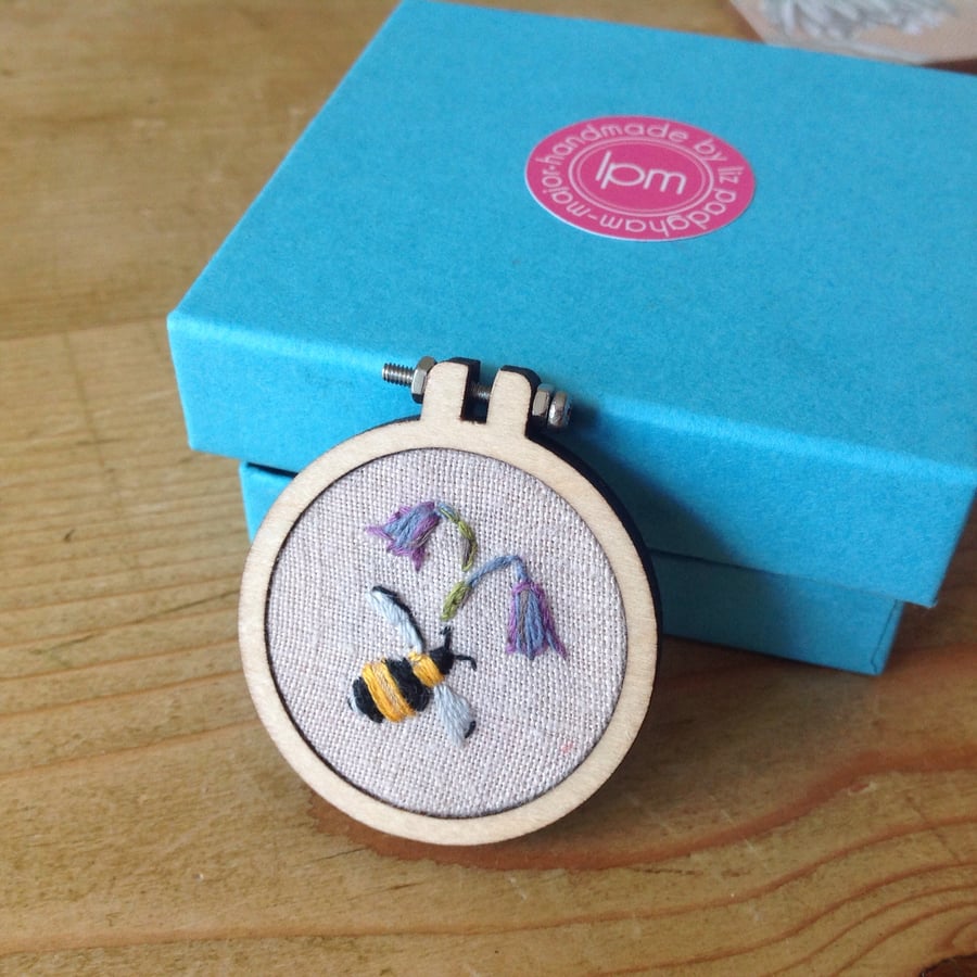 Hand Embroidered Bumblebee And Bluebells Mini Hoop Brooch