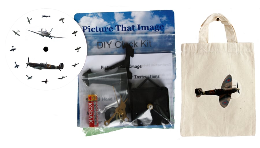 DIY 12cm Clock Kit Gift Set - Spitfire Dial in Canvas Bag with Spitfire Motif