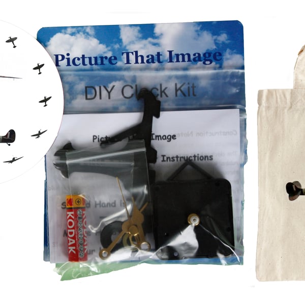 DIY 12cm Clock Kit Gift Set - Spitfire Dial in Canvas Bag with Spitfire Motif