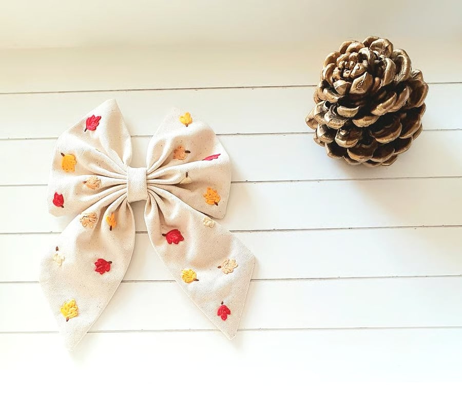 Autumn Leaves Hand Embroidered Bow.