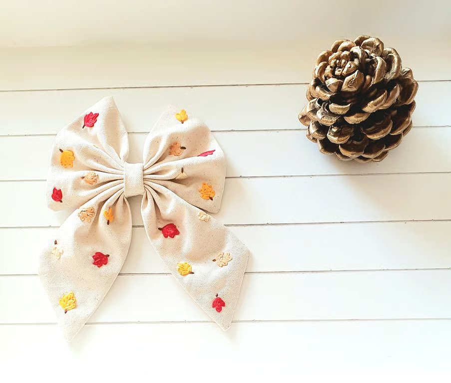 Autumn Leaves Hand Embroidered Bow.