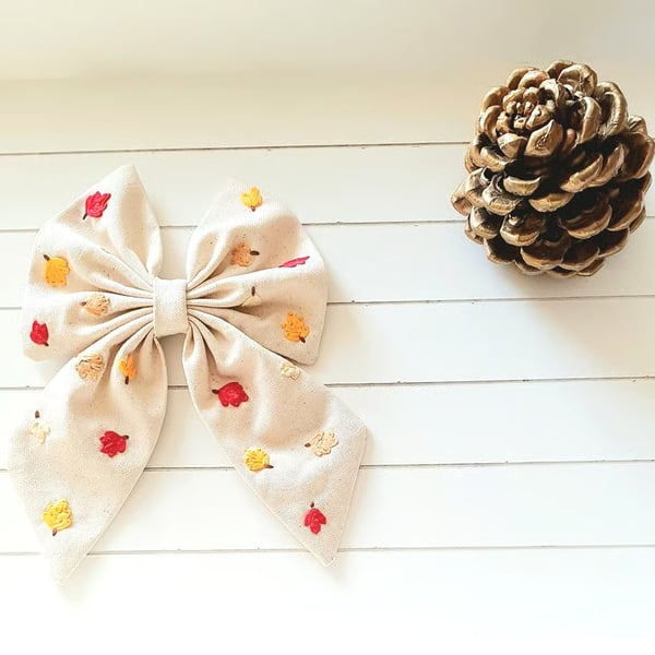 Autumn Leaves Hand Embroidered Bow.