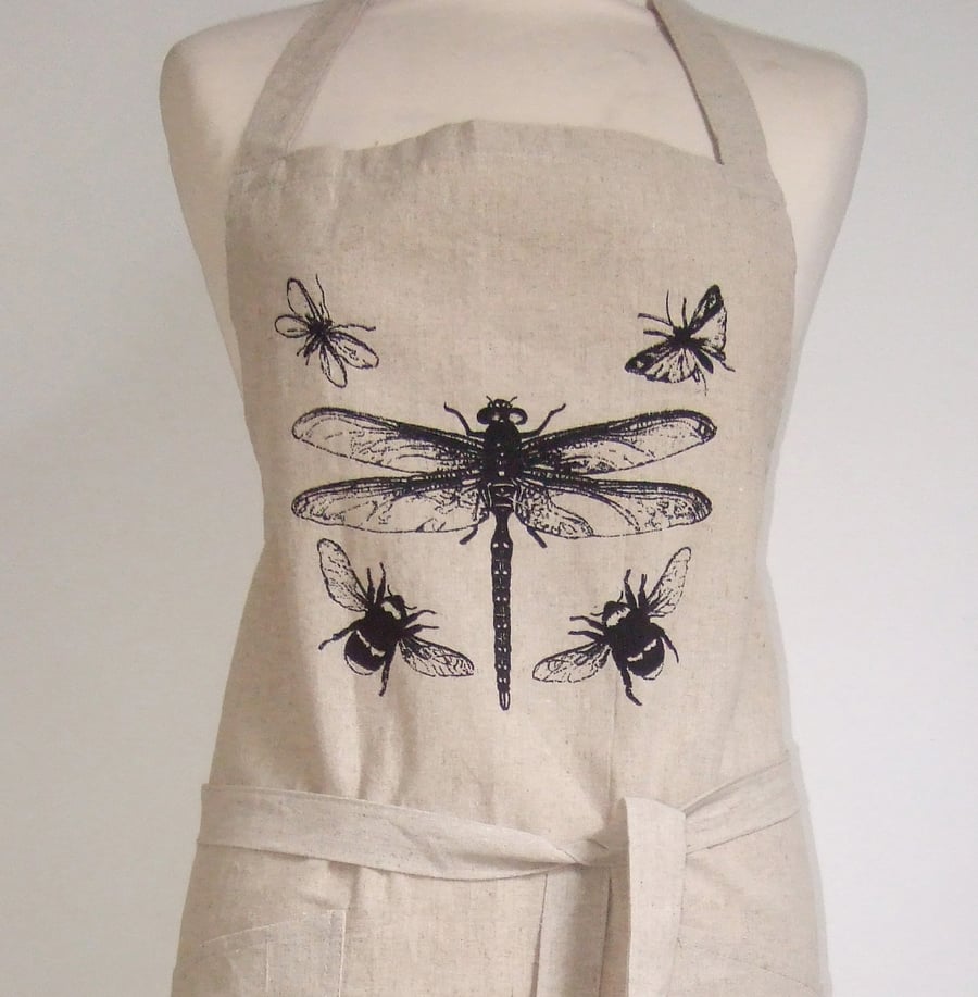 Dragonfly Insects hand printed linen apron