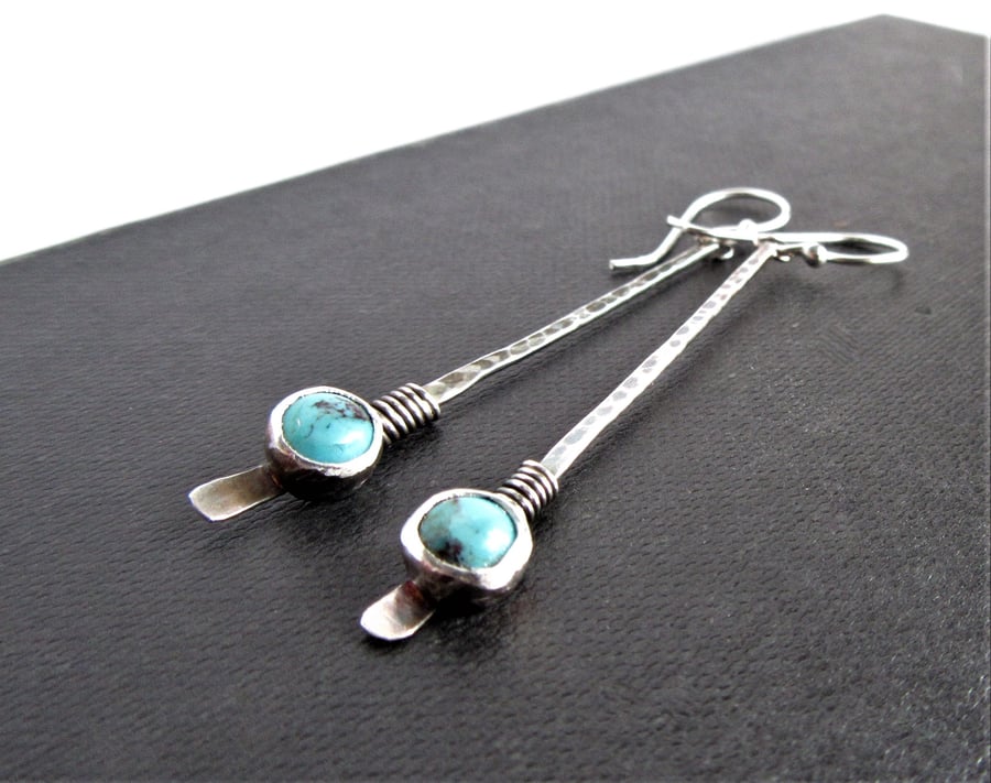 Turquoise earrings - long slender drop in recycled sterling silver