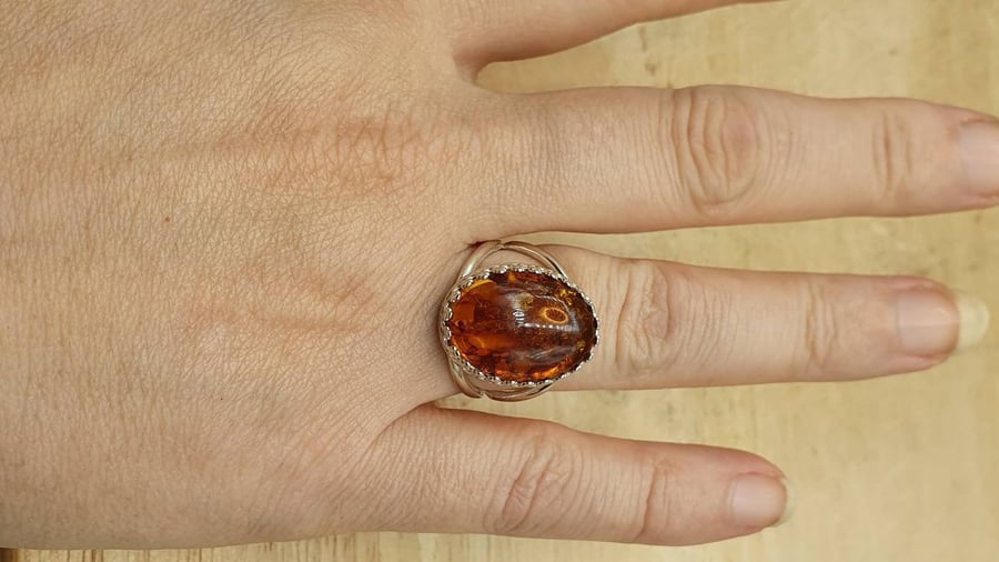 Amber Ring. Adjustable 925 Sterling silver rings for women