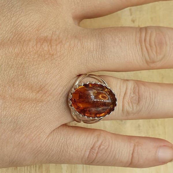 Amber Ring. Adjustable 925 Sterling silver rings for women