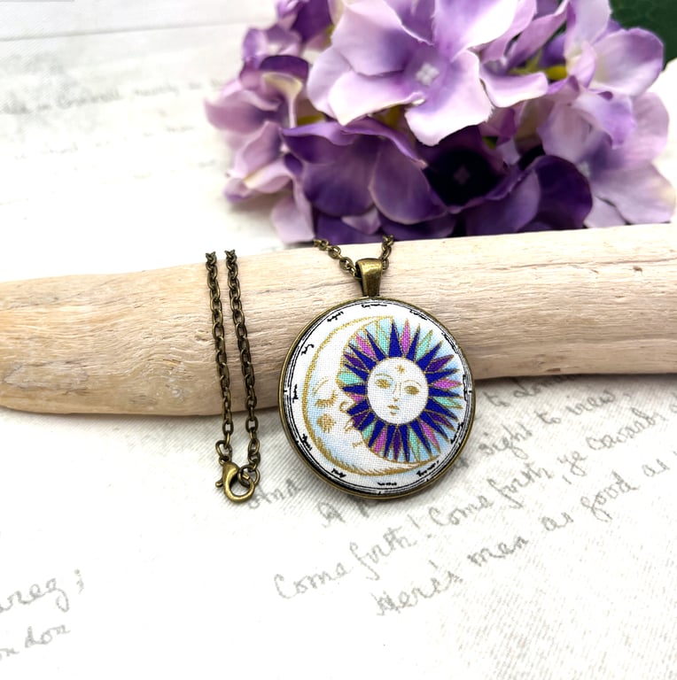 Celestial sun and moon fabric button pendant astronomy gifts galaxy lovers