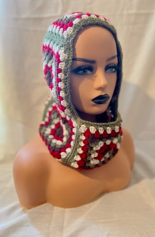 Handmade Crochet Granny Square Balaclava Hood - Winter Hooded Cowl in Green