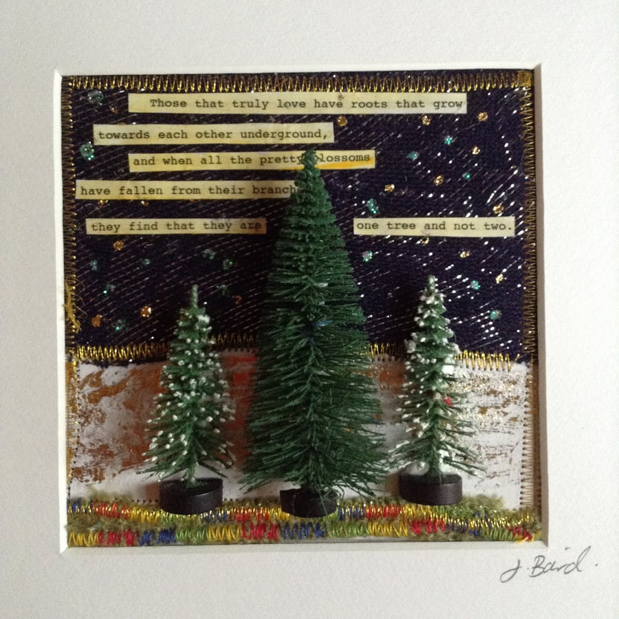 Mixed media picture. Trees, miniature, literature. Quotes, romance, wedding gift