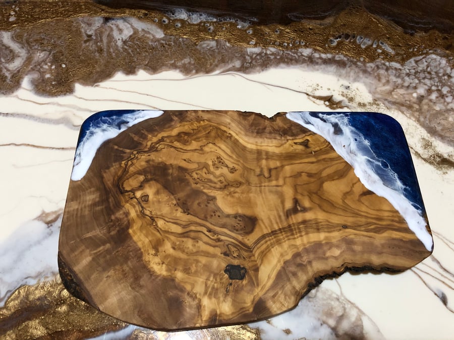 Cheese serving board, ocean inspired, resin on olive wood 