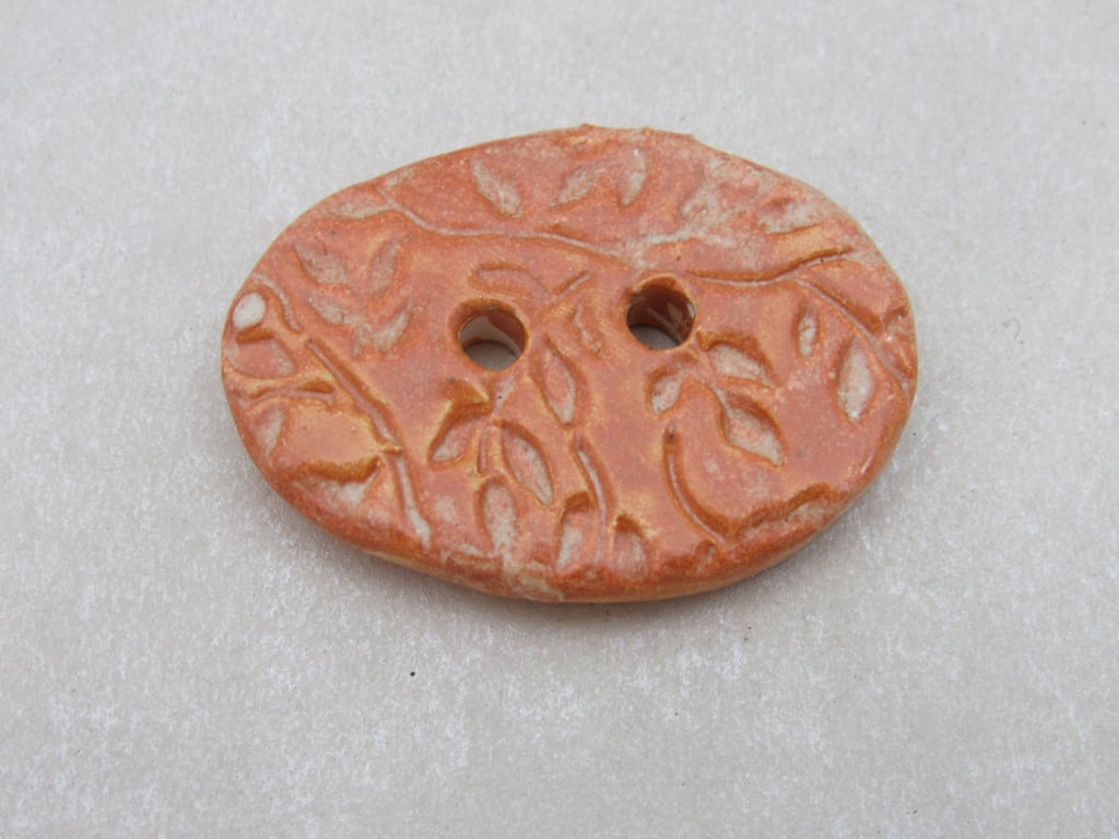 Large Terracotta Glaze Sprig Oval Handmade Ceramic Button