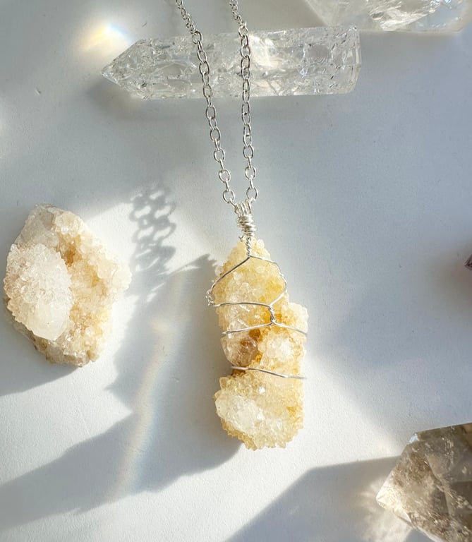 Citrine Spirit Quartz Crystal Necklace, Silver Necklace, wire wrapped 