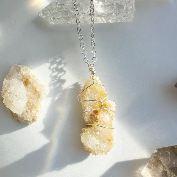 Citrine Spirit Quartz Crystal Necklace, Silver Necklace, wire wrapped 