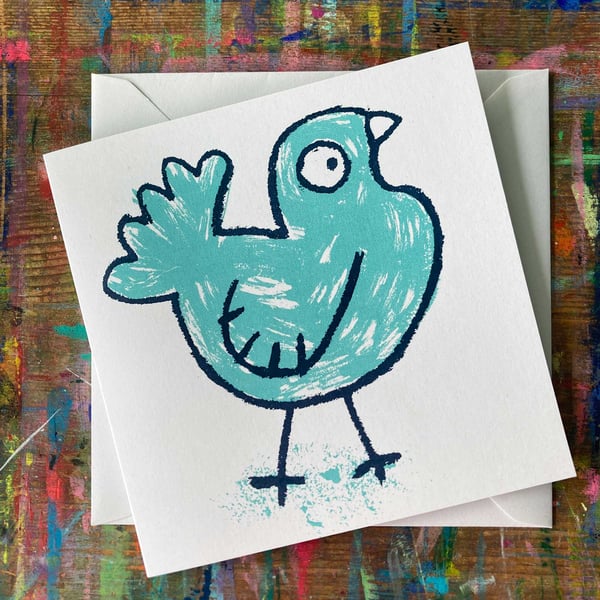 turquoise pigeon hand printed card by Jo Brown happy tomato