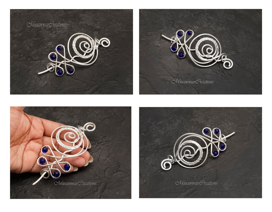Silver plated copper Hair bun holder ,cobalt blue Celtic design Hair bun brooch,