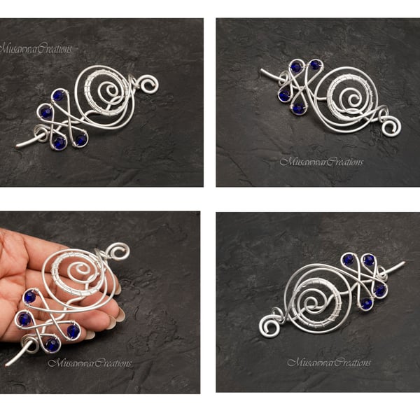 Silver plated copper Hair bun holder ,cobalt blue Celtic design Hair bun brooch,