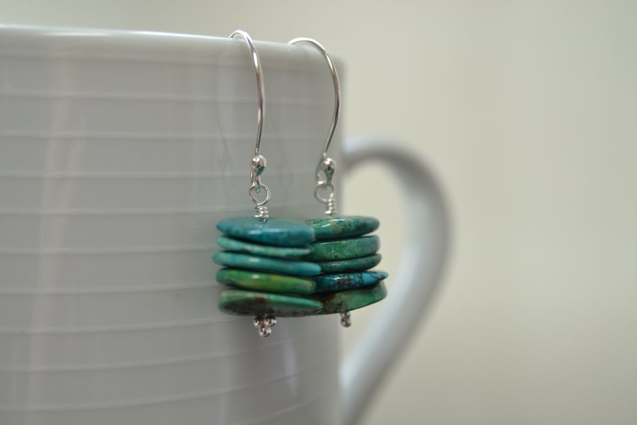 Turquoise stack  - sterling silver handmade dangle earrings 