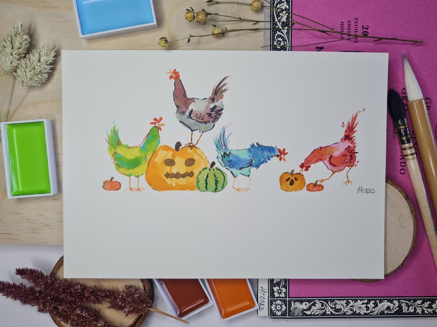 Halloween Chickens Watercolor Painting: Spooky Whimsical Art