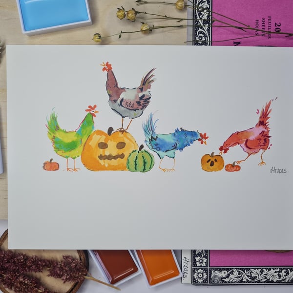 Halloween Chickens Watercolor Painting: Spooky Whimsical Art