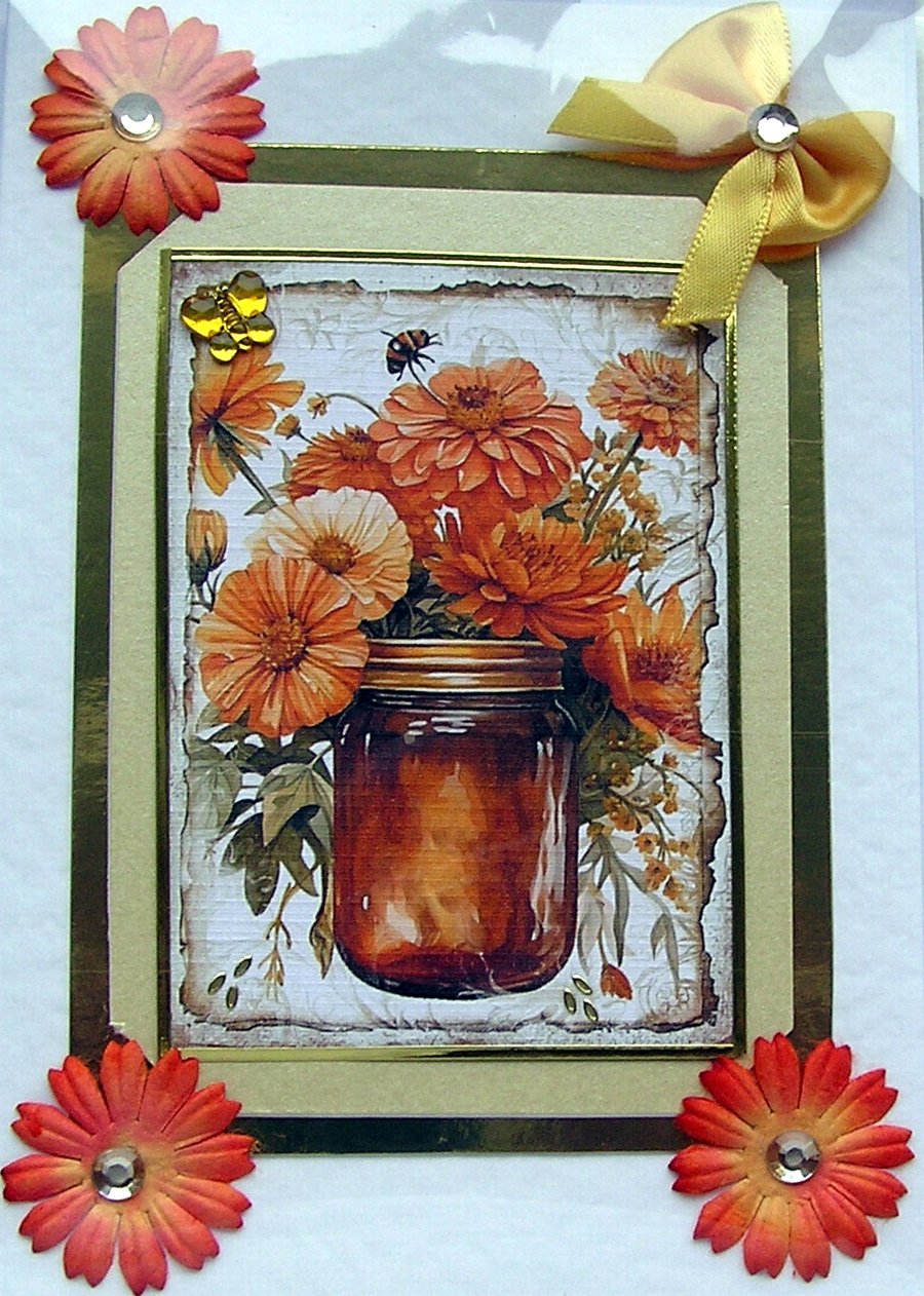 Autumn Blooms - Hand Crafted Decoupage Card - Blank for any Occasion (2517)