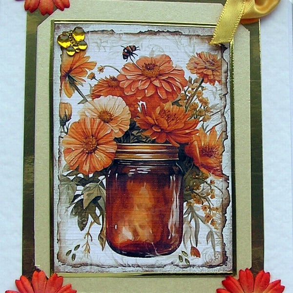 Autumn Blooms - Hand Crafted Decoupage Card - Blank for any Occasion (2517)