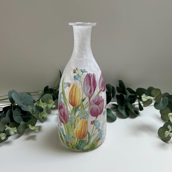 Decoupage Tulips Glass Bottle Vase:  Floral Home Decor, Upcycled