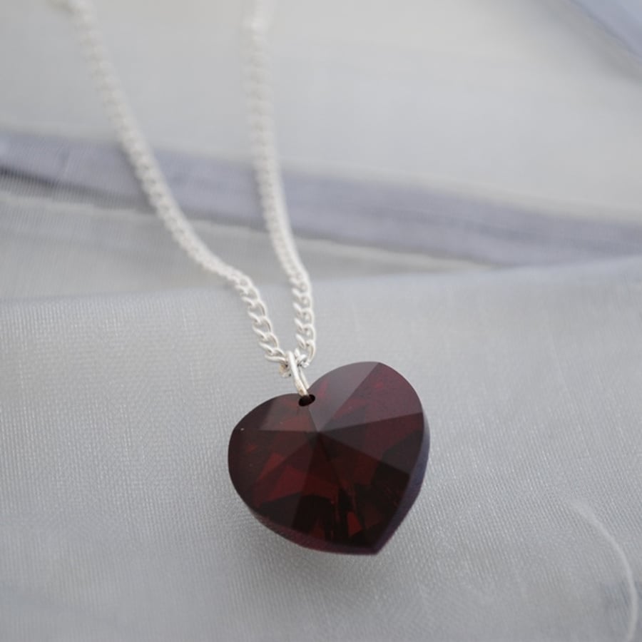 Red garnet swarovski heart necklace - Folksy