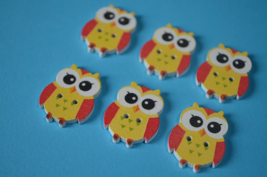 Wooden Owl Buttons Yellow Red Cute Bird 6pk 23x18mm (O6)