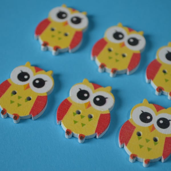 Wooden Owl Buttons Yellow Red Cute Bird 6pk 23x18mm (O6)