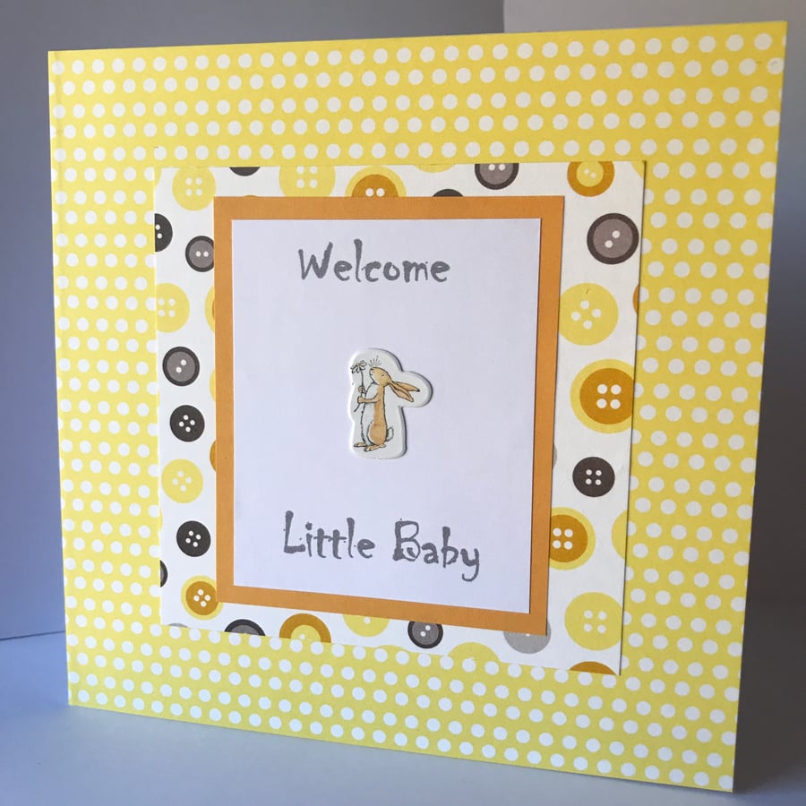 Handmade New Baby Girl Boy card 6x6 ins Yellow Rabbit flower Matching Gift tag