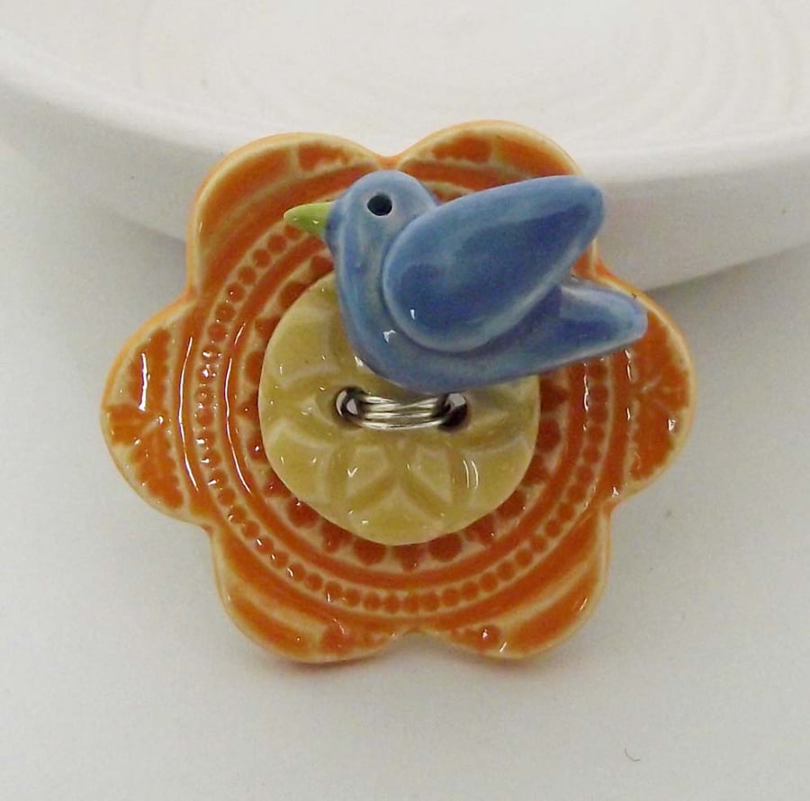 little bird on a flower button ceramic brooch