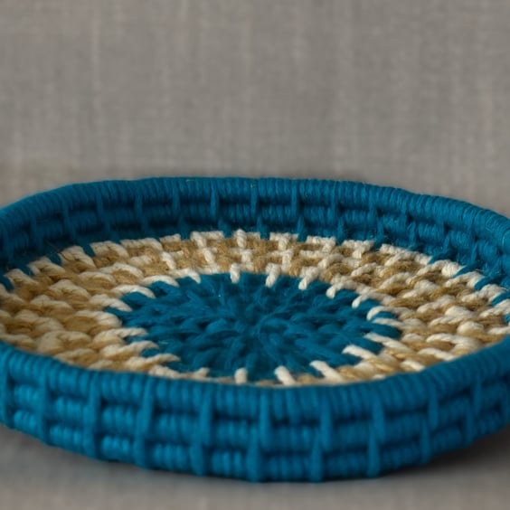 Teal, Jute & Off White Cotton Cord Macrame Basket