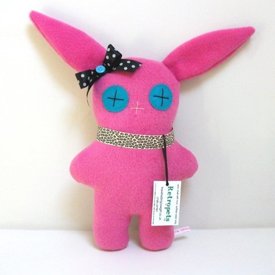 Bright Pink Bunny Rabbit Retropet, Soft Cuddly Toy with Punk Leopard Collar